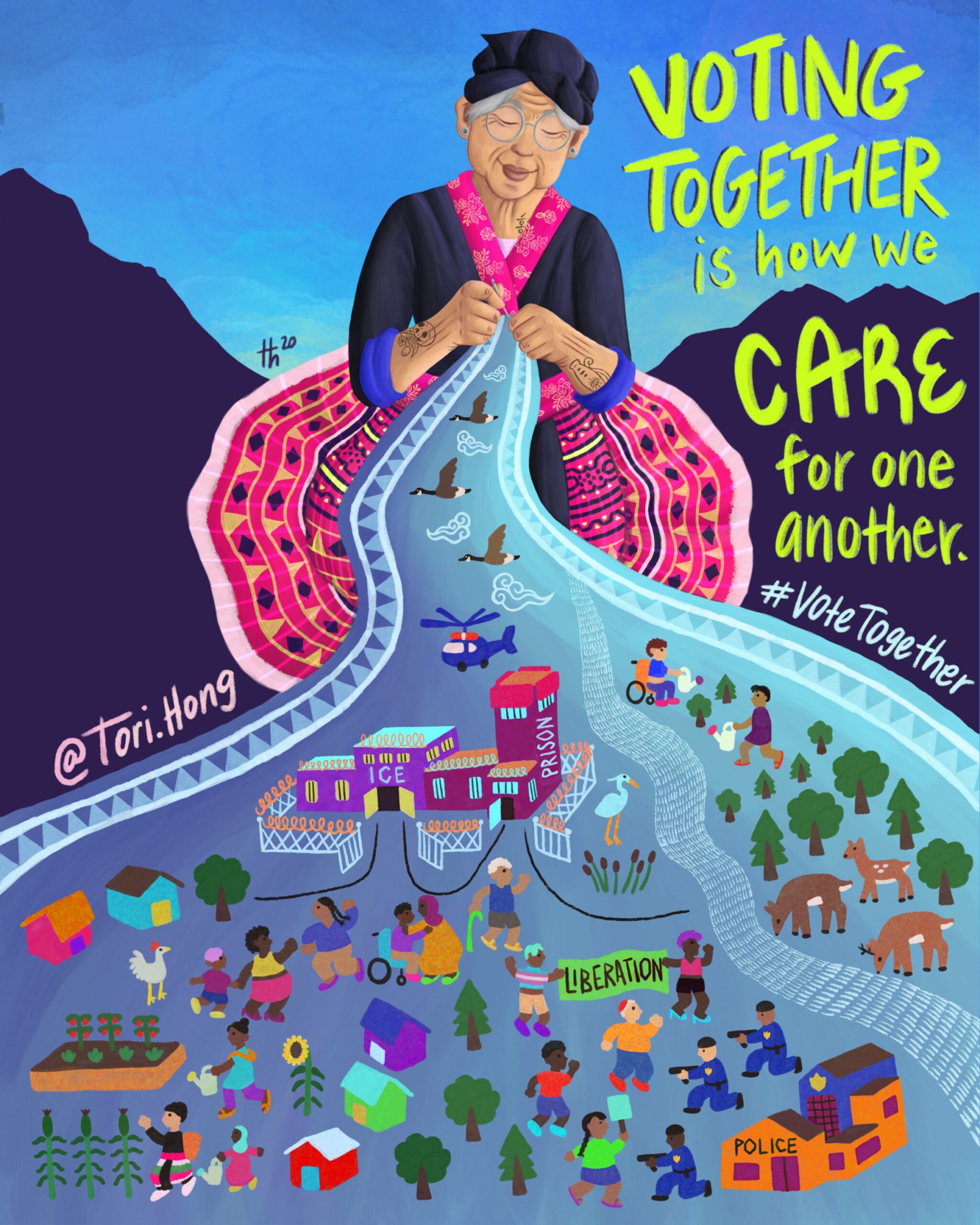 Voting together is how we care for one another. #VoteTogether @Tori.Hong. An illustrated image of an elder knitting a community
