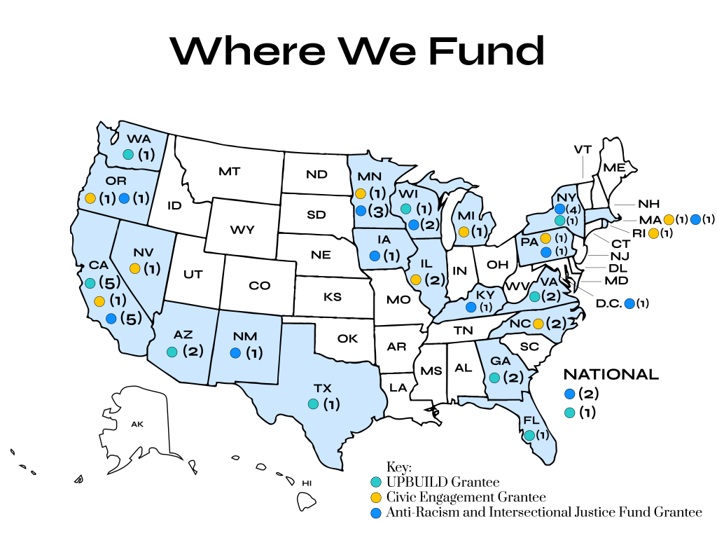 Map of U.S. with states that we fund filled in blue. 