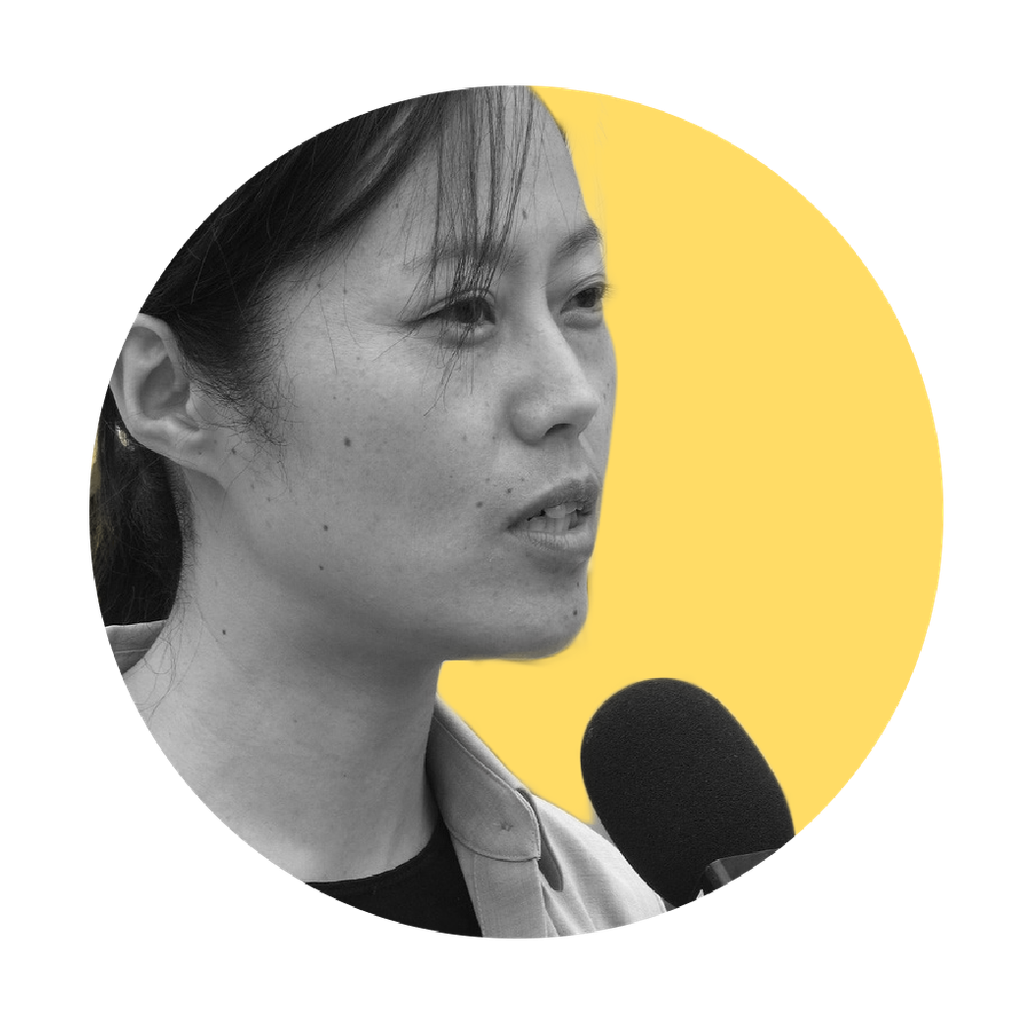 Headshot of EunSook, black and white photo, yellow background, cropped in a circle shape.