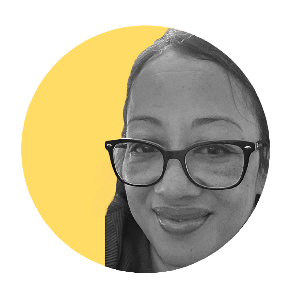 Headshot of Jasty, black and white photo, yellow background, cropped in a circle shape.